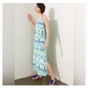 Chico's 8 Ikat Popover Regatta Slit Blue Green Travel Cruise Maxi Dress Sz 3(XL)